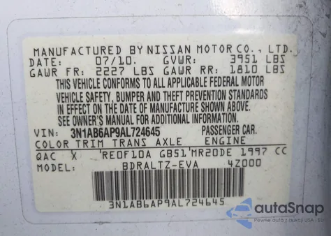 2010 Nissan Sentra 2.0Sr из США, поврежденный, VIN 3N1AB6AP9AL724645